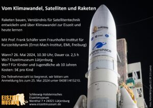 Plakat zur ANkündigung der Veranstaltung "Vom Klimawandel, Satelliten und Raketen" am 26. Mai 2024 im EIszeitmuseum